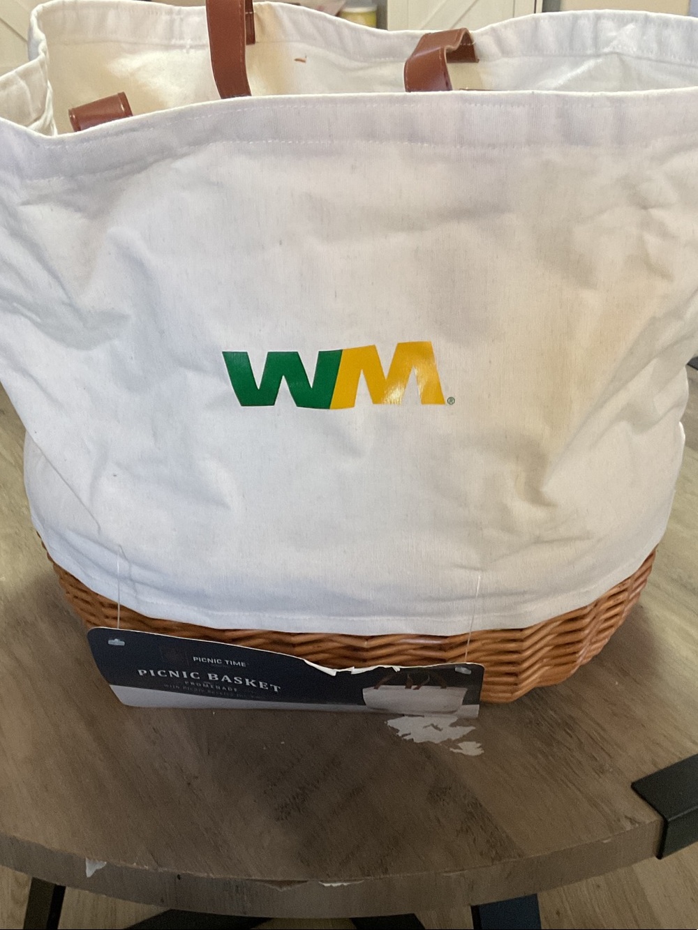 WM Logo White Canvas and Brown Wicker Picnic Basket Tote